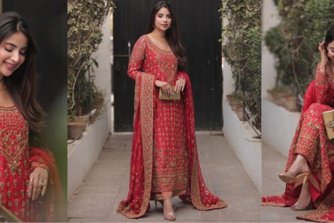 Saboor Aly Shines in Ansab Jahangir’s Festive Red Attire