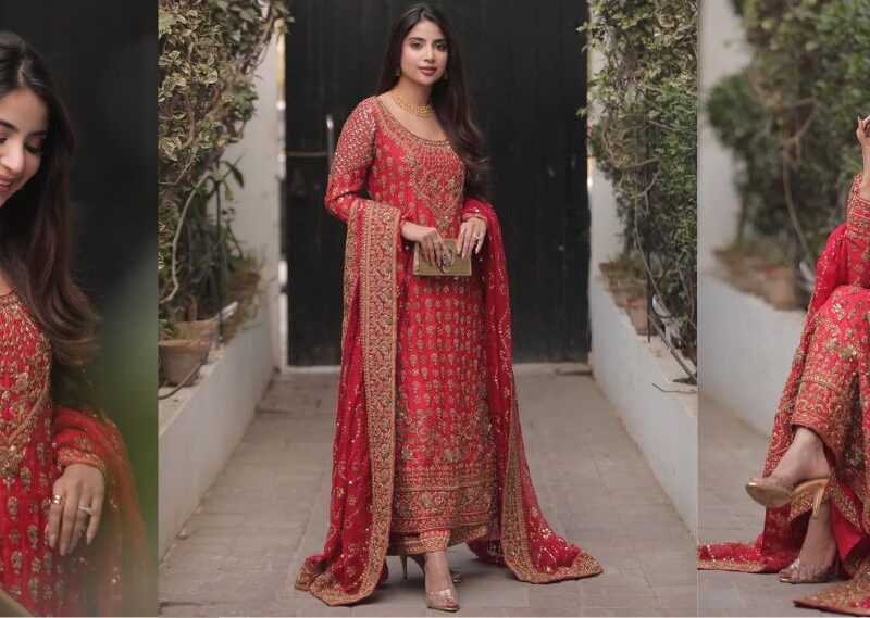Saboor Aly Shines in Ansab Jahangir’s Festive Red Attire